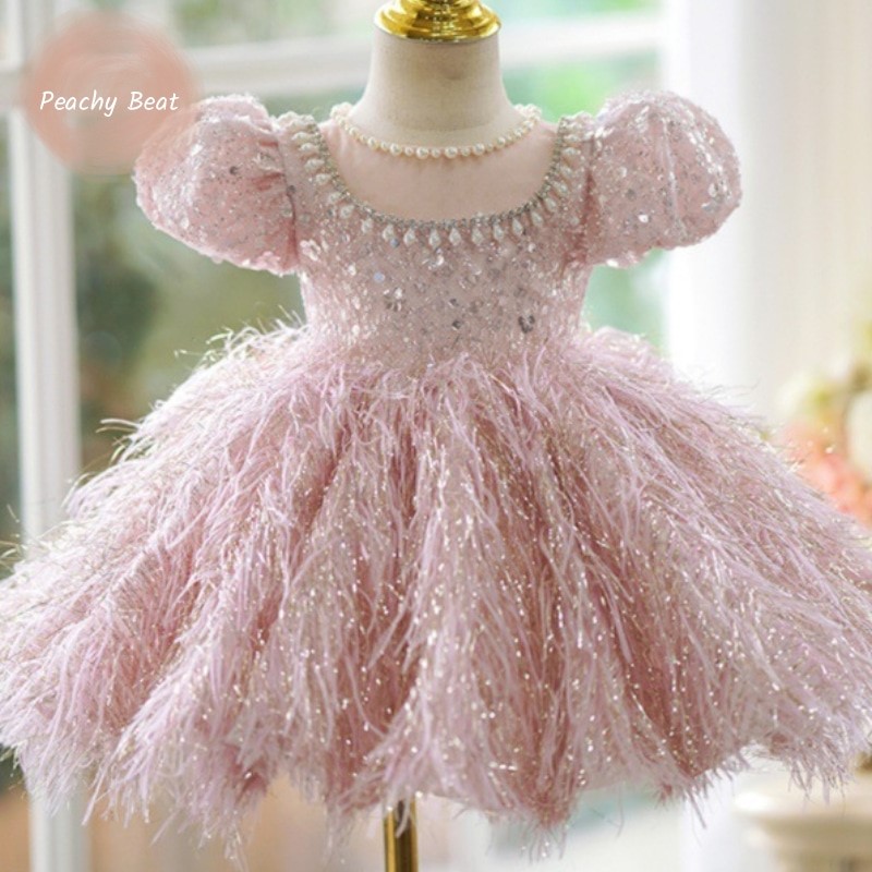 Baby Clothing For Girls - 女の赤ちゃんのためのスパンコールフェザードレス,ふくらんでいる袖,真珠の服,誕生日パーティー,ファッション,2〜14歳