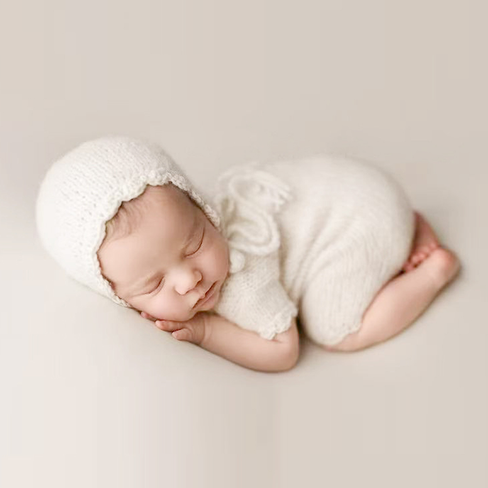 Baby Clothing Onesies - 新生児の写真撮影の小道具ベビージャンプスーツ帽子写真撮影服半袖ツーピースニットモヘア毛皮ロンパースベビーコスチューム