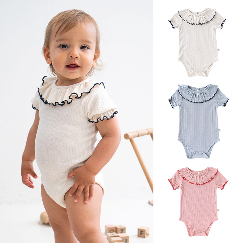 Baby Clothing Layers - 女の赤ちゃんの夏用三角ボディスーツ純綿フリル襟薄い幼児服女の赤ちゃんのためのトレンディな服