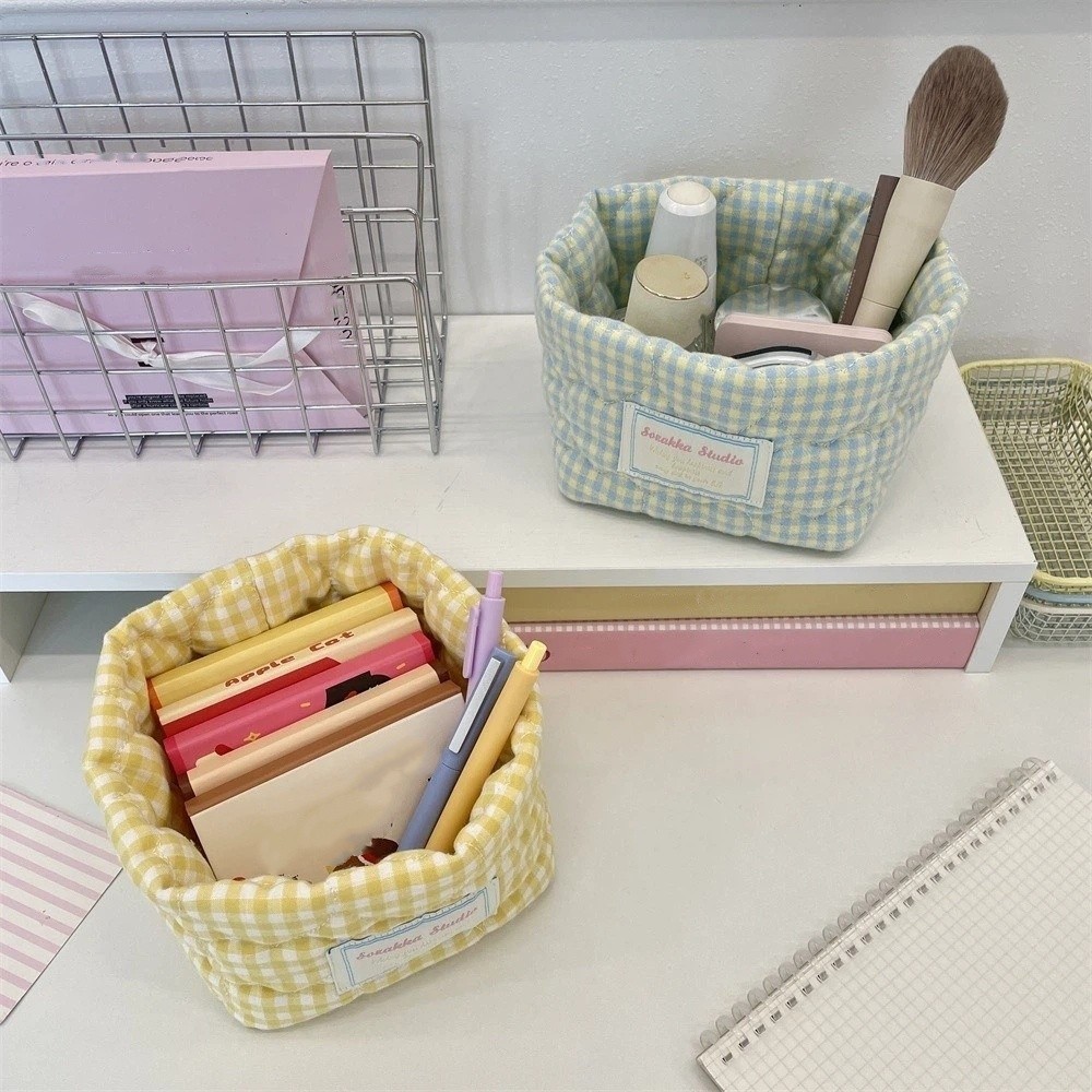 Baby Clothing Basket - 格子縞グリッド生地収納バスケット家庭用洗える装飾ビン積み重ね可能な雑貨収納バスケット