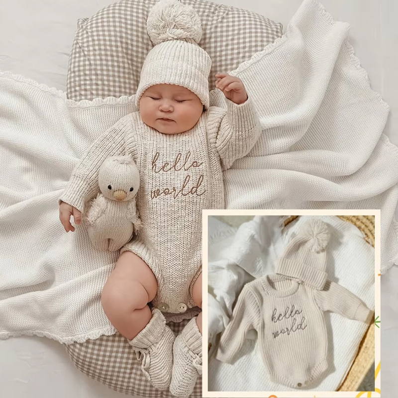 Baby Clothing Onesies - Ylsteed Hello World 編み物新生児写真ロンパース お揃いのポンプ帽子付き 赤ちゃん男の子女の子セーター衣装